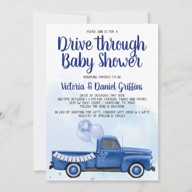 Boy Drive Through Covid Baby Shower Truck Invitation (Front)