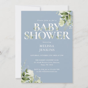 Boy Dusty Blue Greenery All In One Baby Shower Invitation