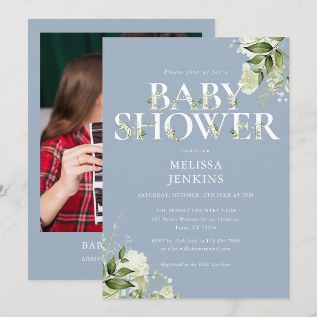 Boy Dusty Blue Greenery Foliage Photo Baby Shower Invitation (Front/Back)
