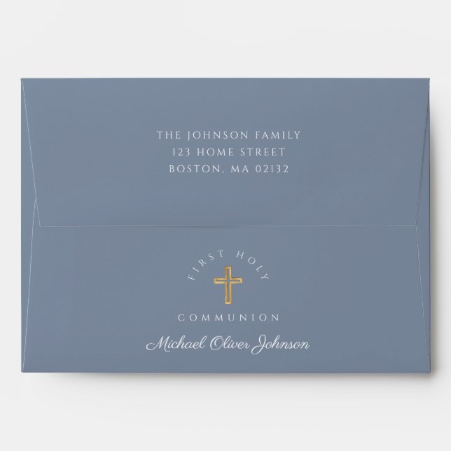 Boy Dusty Blue Religious Cross First Communion Envelope (Back (Top Flap))