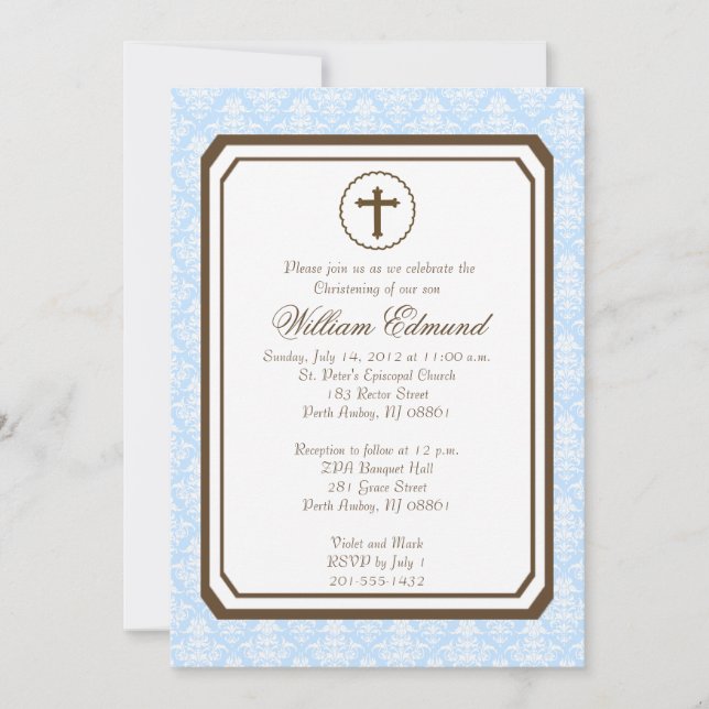 Boy Elegant Christening Invitation - Blue (Front)