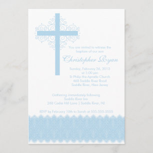 Boy Elegant Lace Baptism Christening Cross Invitation