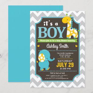 Boy Elephant and Giraffe Baby Shower Invitation