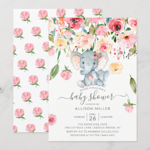 Boy Elephant and Mum Pink Peonies Baby Shower Invitation