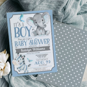 Boy Elephant and Zebra Baby Shower Invitation