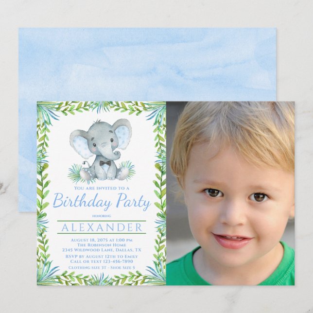 Boy Elephant Any Number Photo Birthday Party Invitation (Front/Back)