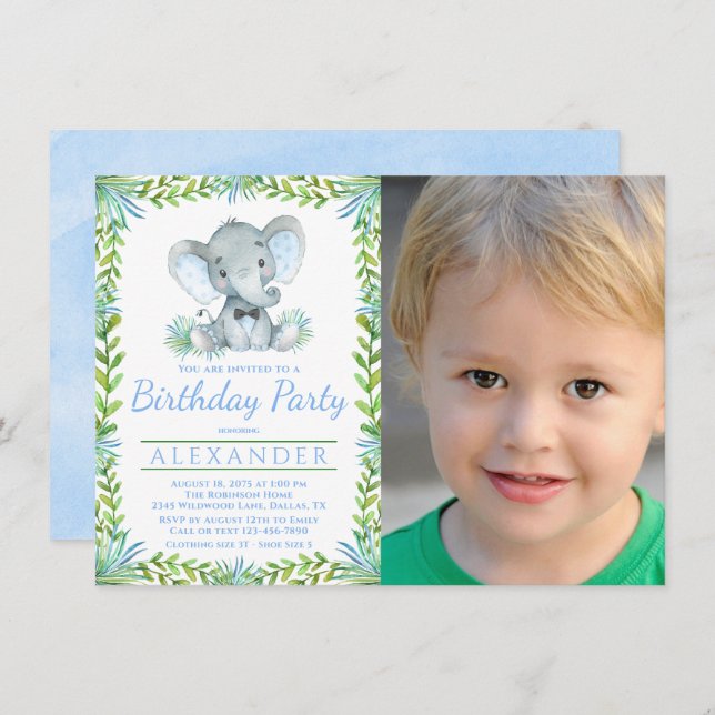Boy Elephant Any Number Photo Birthday Party Invitation (Front/Back)