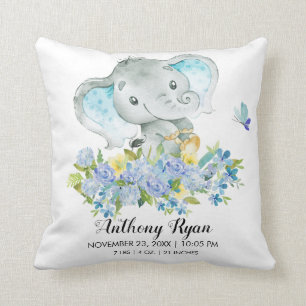 Boy Elephant Baby Birth Stats Pillow