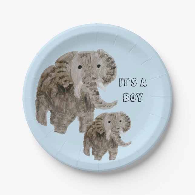Boy Elephant Baby Shower Animal Paper Plate (Front)