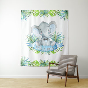 Boy Elephant Baby Shower Backdrop Tapestry