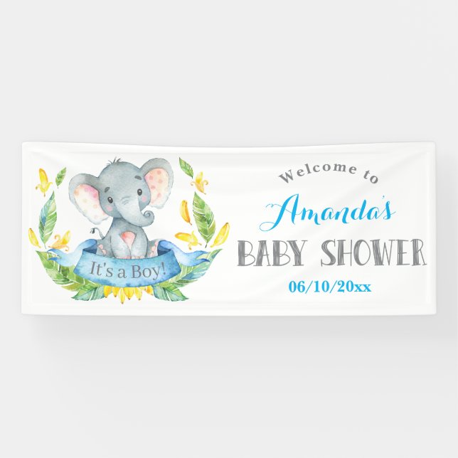 Boy Elephant Baby Shower Blue and Gray Banner (Horizontal)