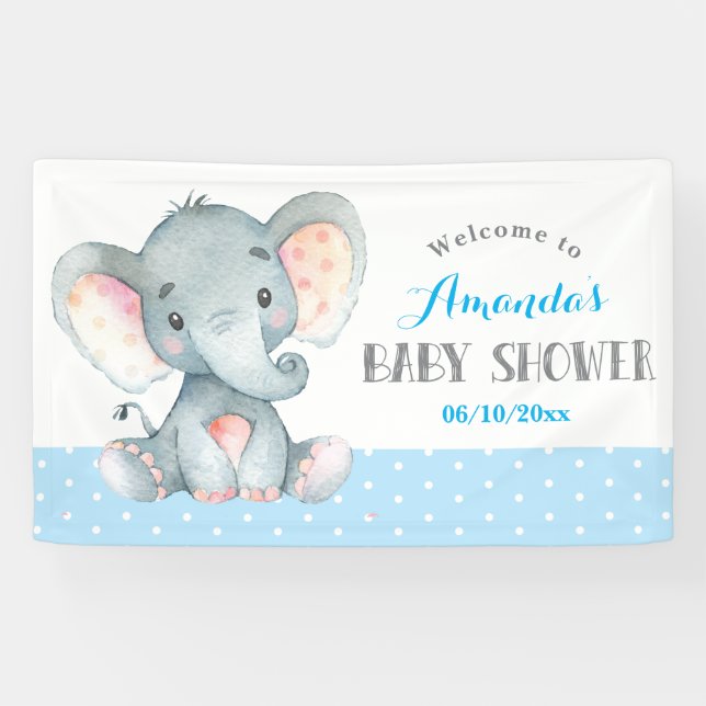 Boy Elephant Baby Shower Blue and Grey Banner (Horizontal)