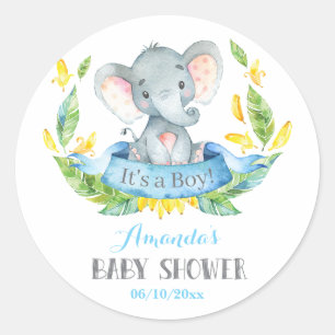 Boy Elephant Baby Shower Blue and Grey Classic Round Sticker