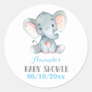 Boy Elephant Baby Shower Blue and Grey Classic Round Sticker