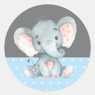 Boy Elephant Baby Shower Blue and Grey Classic Round Sticker