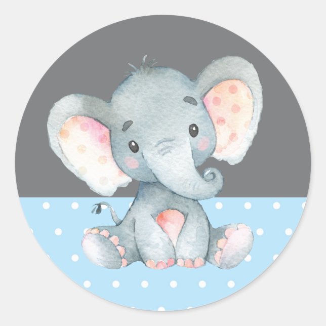 Boy Elephant Baby Shower Blue and Grey Classic Round Sticker (Front)
