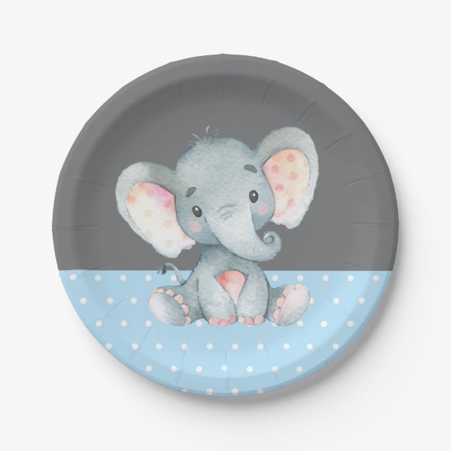 Boy Elephant Baby Shower Blue and Grey Paper Plate (Front)