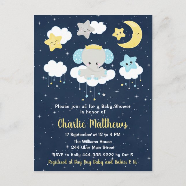 Boy Elephant Baby Shower Blue and Navy Postcard (Front)