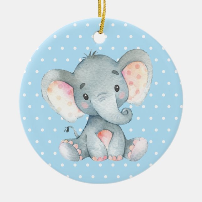 Boy Elephant Baby Shower Blue Ceramic Tree Decoration (Front)