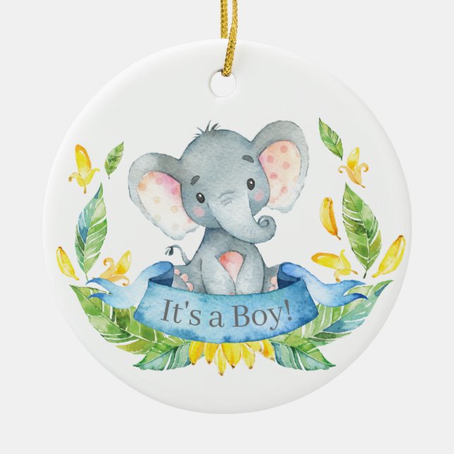 Boy Elephant Baby Shower Blue Ceramic Tree Decoration (Front)