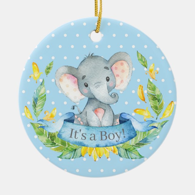 Boy Elephant Baby Shower Blue Ceramic Tree Decoration (Front)