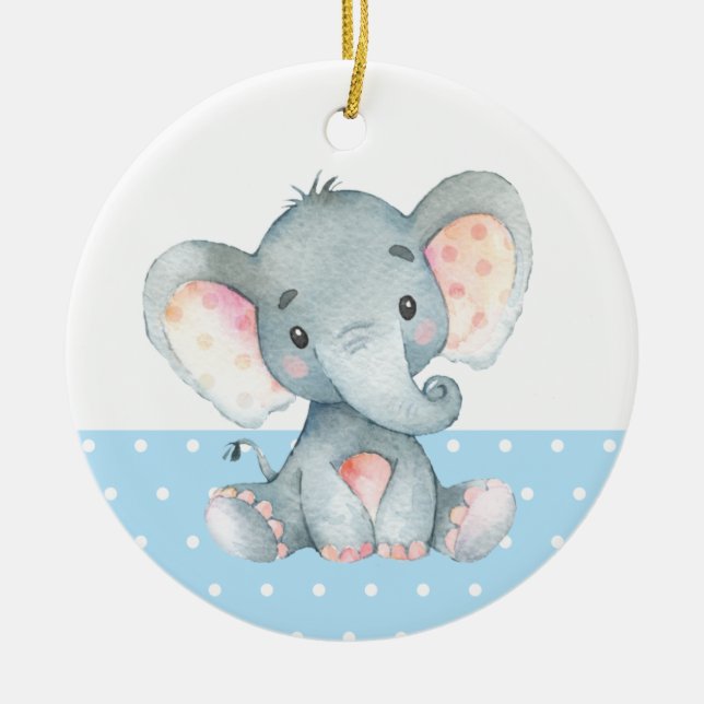 Boy Elephant Baby Shower Blue Ceramic Tree Decoration (Front)