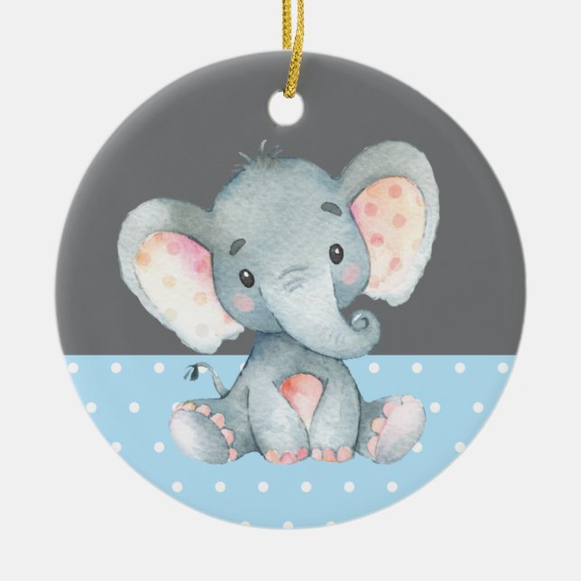 Boy Elephant Baby Shower Blue Ceramic Tree Decoration (Front)