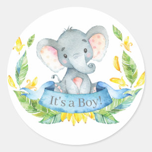 Boy Elephant Baby Shower Blue Classic Round Sticker