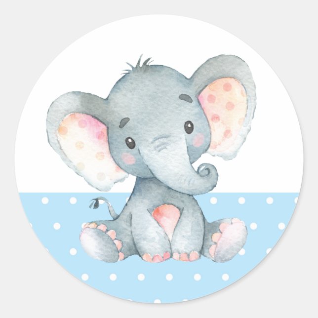 Boy Elephant Baby Shower Blue Classic Round Sticker (Front)