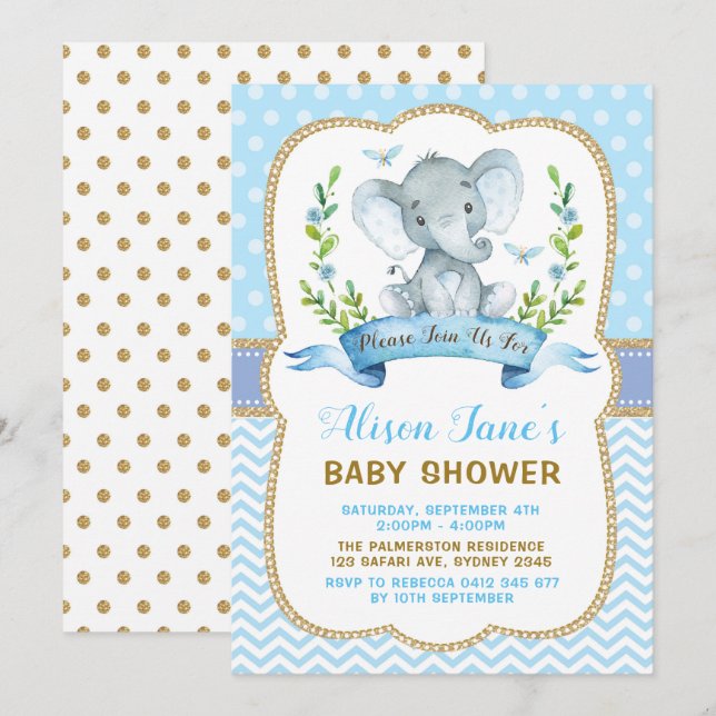 Boy Elephant Baby Shower Blue & Gold Invite (Front/Back)