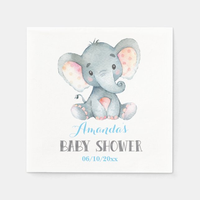 Boy Elephant Baby Shower Blue Napkins (Front)