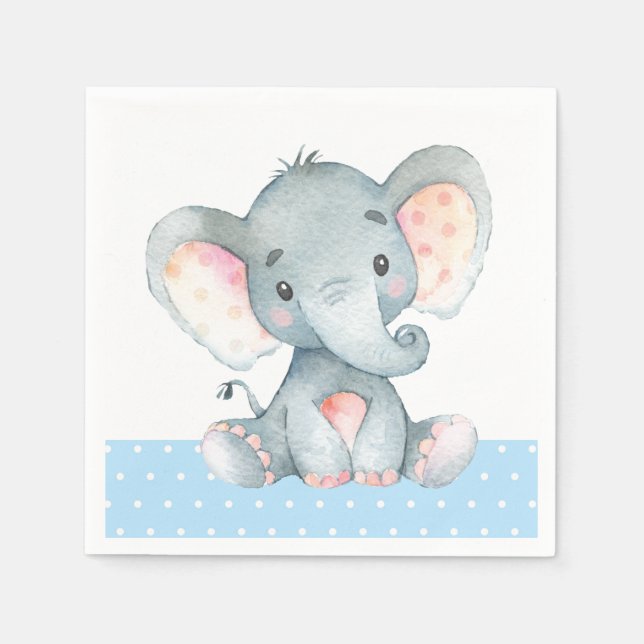 Boy Elephant Baby Shower Blue Napkins (Front)