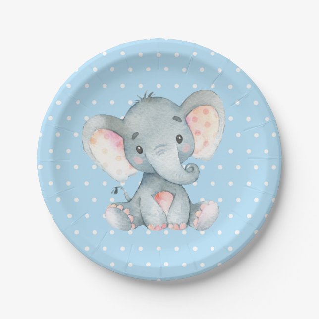 Boy Elephant Baby Shower Blue Paper Plate (Front)