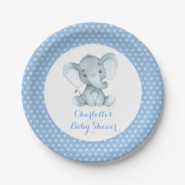 Boy Elephant Baby Shower Blue Party 7" Plate (Front)