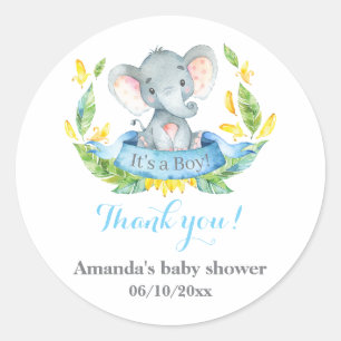 Boy Elephant Baby Shower Blue Thank You Favour Classic Round Sticker