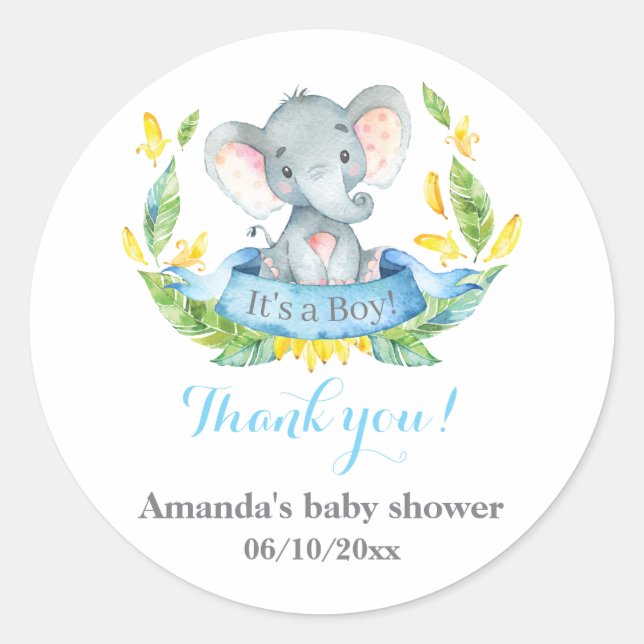 Boy Elephant Baby Shower Blue Thank You Favour Classic Round Sticker (Front)