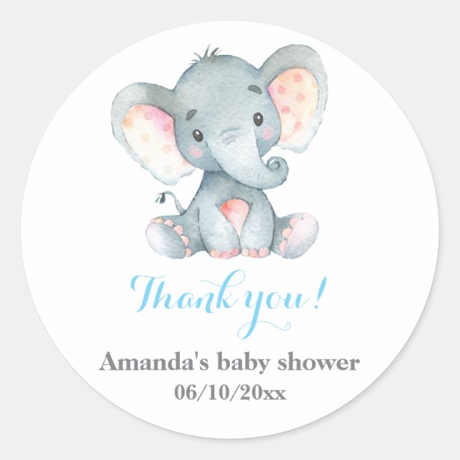 Boy Elephant Baby Shower Blue Thank You Favour Classic Round Sticker (Front)