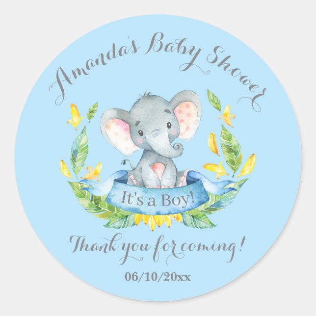 Boy Elephant Baby Shower Blue Thank You Favour Classic Round Sticker (Front)