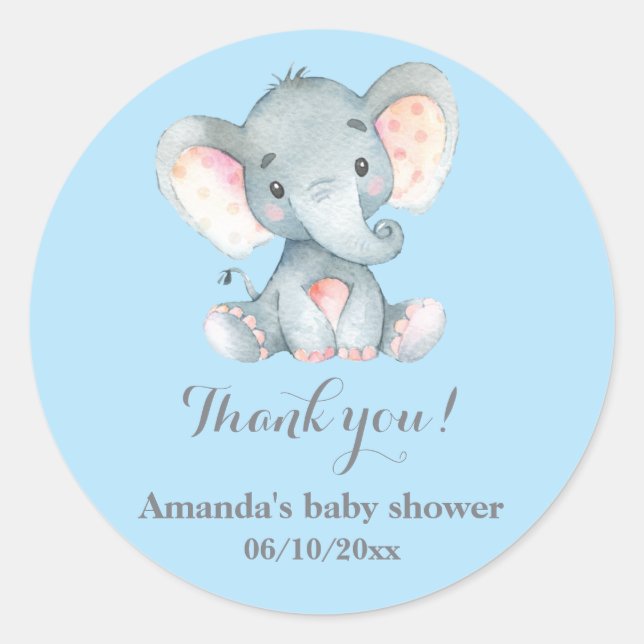 Boy Elephant Baby Shower Blue Thank You Favour Classic Round Sticker (Front)