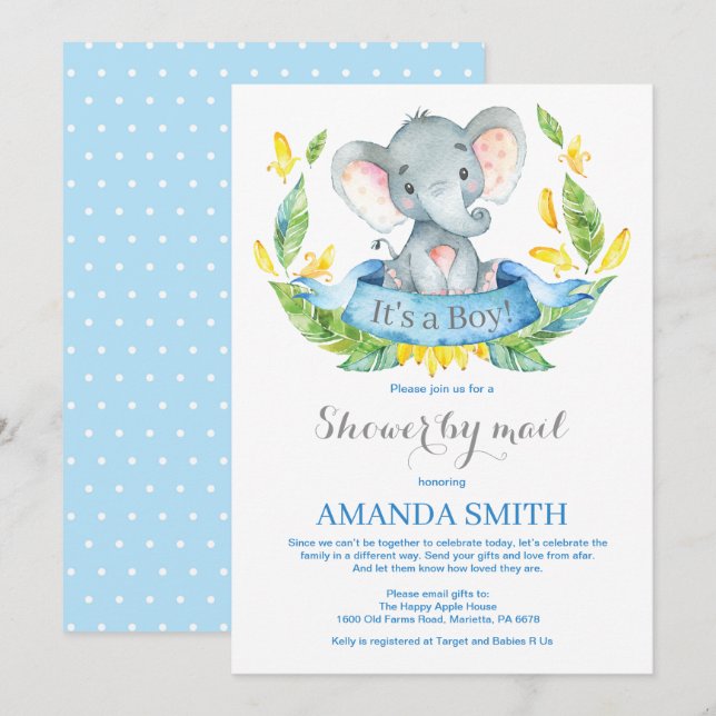 Boy Elephant Baby Shower by Mail Invitation (Front/Back)