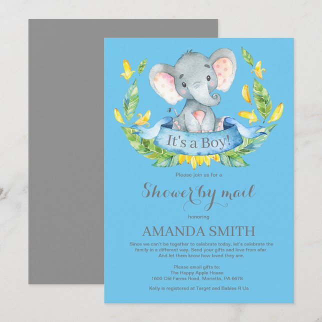 Boy Elephant Baby Shower by Mail Invitation (Front/Back)