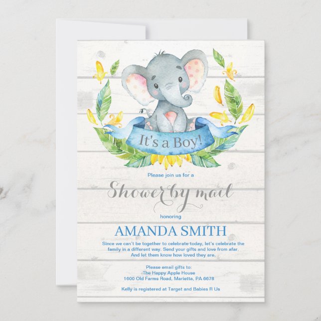 Boy Elephant Baby Shower by Mail Invitation (Front)