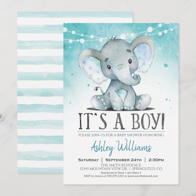 Boy Elephant Baby Shower Invitation (Front/Back)