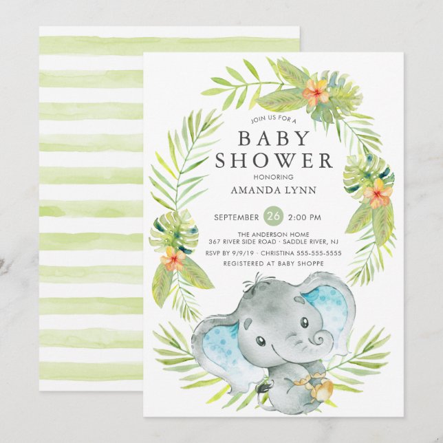 Boy Elephant Baby Shower Invitation (Front/Back)