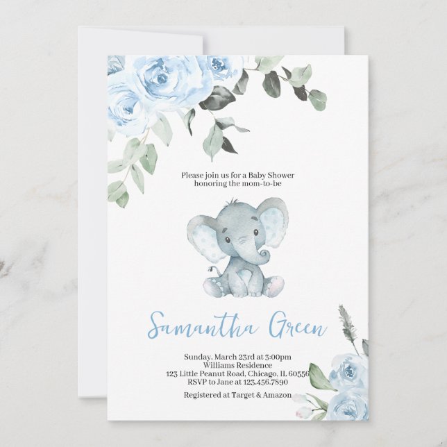 Boy Elephant Baby Shower Invitation (Front)