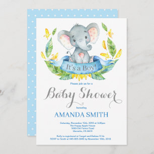 Boy Elephant Baby Shower Invitation Blue and Grey
