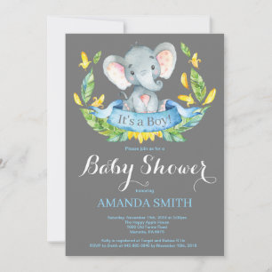 Boy Elephant Baby Shower Invitation Blue and Grey