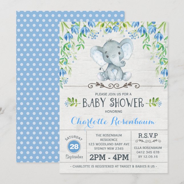 Boy Elephant Baby Shower Invitation Blue Floral (Front/Back)