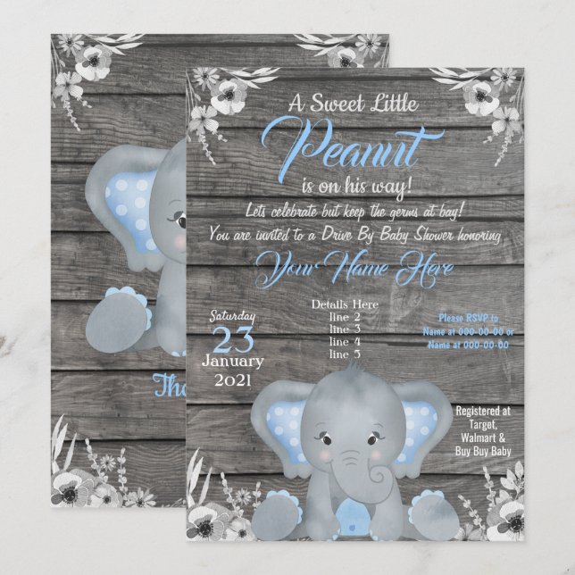Boy Elephant Baby Shower Invitation blue Rustic (Front/Back)