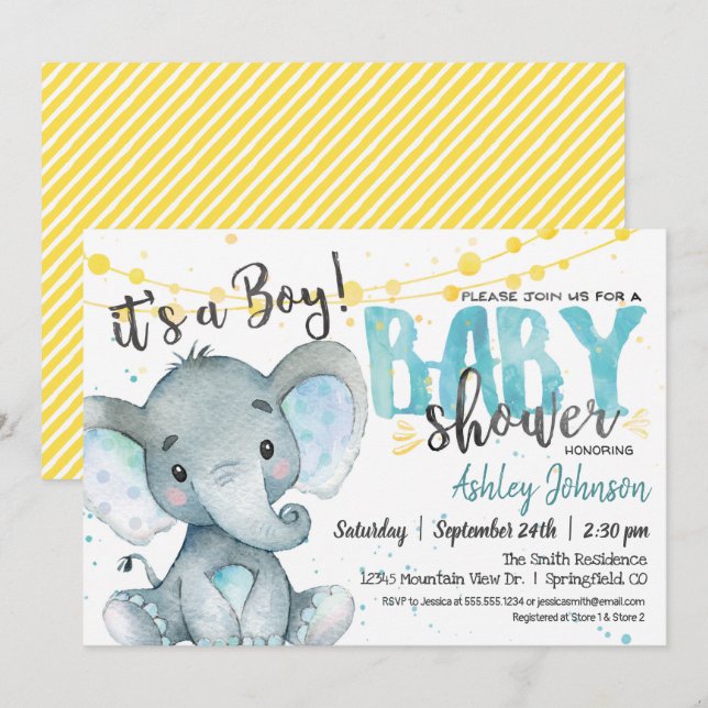 Boy Elephant Baby Shower invitation Blue & yellow (Front/Back)
